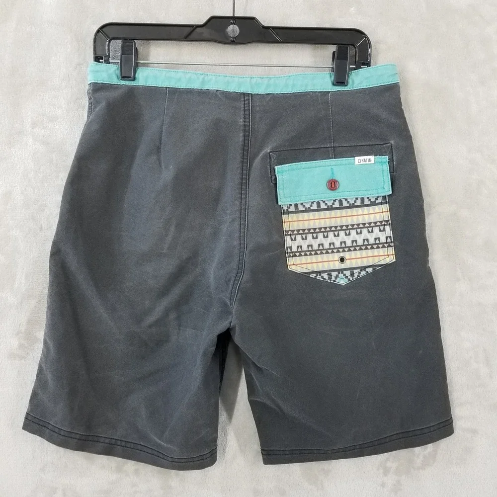 Vtg Katin Surf Trunks Men 30 Gray Geometric Print‎ Swim Board Shorts Drawstring